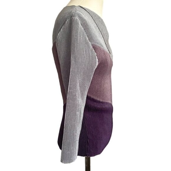 Purple Gray Colourblock Accordion Pleated Springy Stretchy Long Sleeve Top - S - Picture 5 of 9